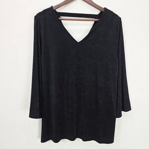 Chico's Travelers Blouse Top M Black Slinky V Neck Bell Sleeve Minimalist Office